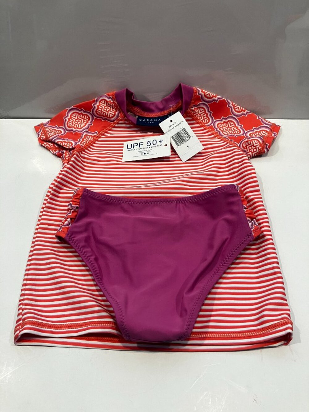 Cabana Life Coral Geo Size 5 Rash guard STRIPED Swimsuit UPF 50+ 2 Pc